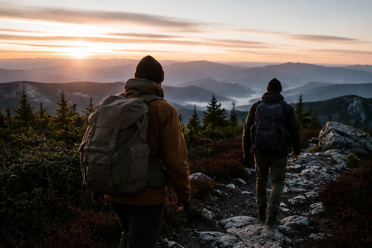 Hikers on a ridge at first light