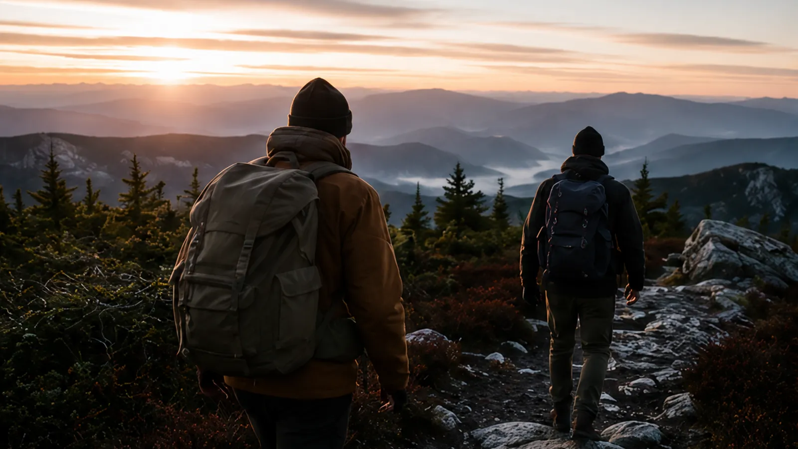Hikers on a ridge at first light